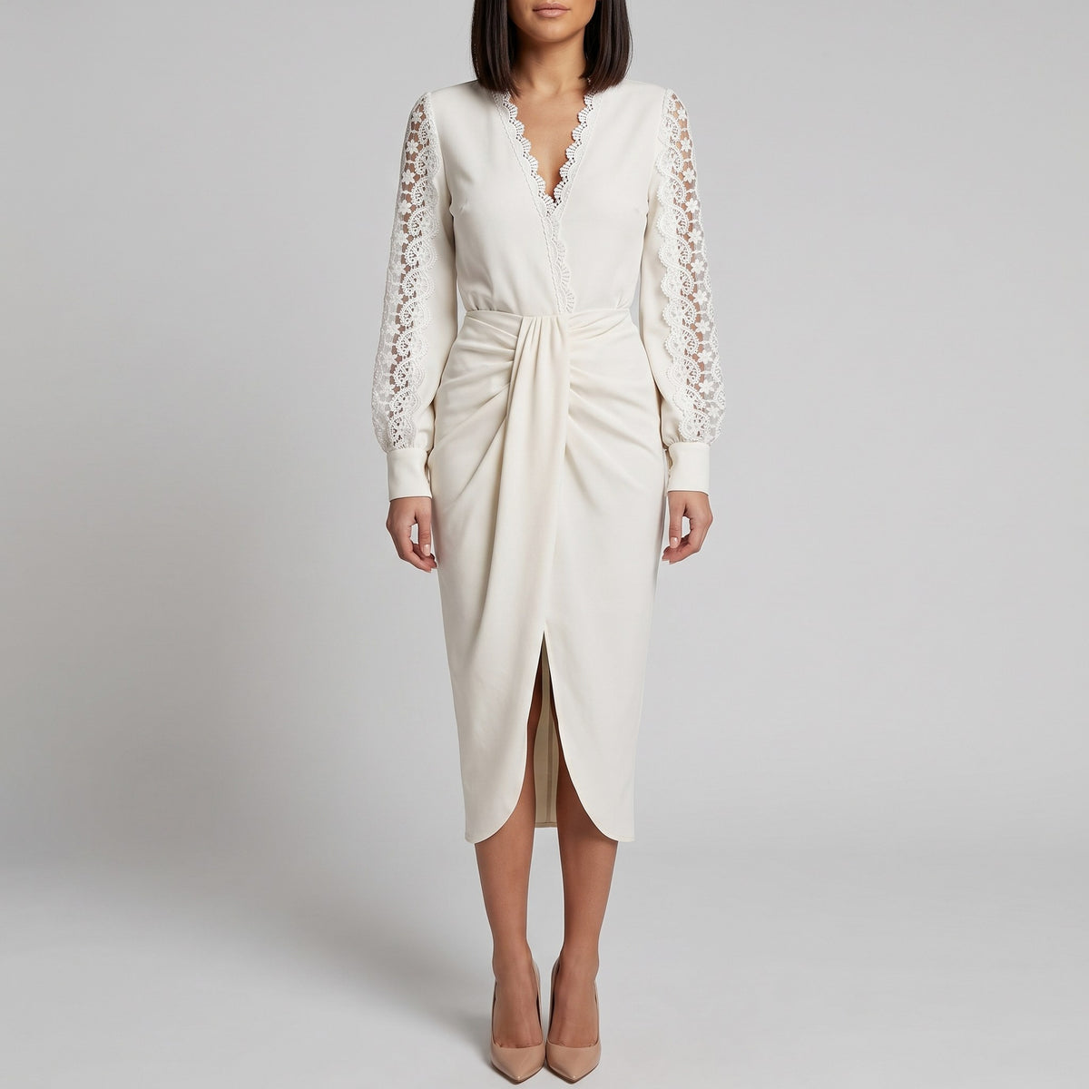 Lace Long Sleeve Twist Front Midi Dress