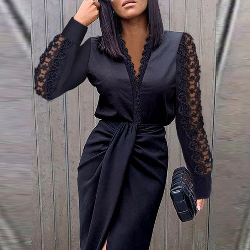 Lace Long Sleeve Twist Front Midi Dress