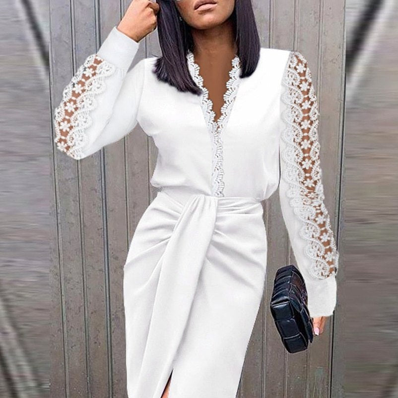 Lace Long Sleeve Twist Front Midi Dress
