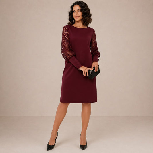Lace Sleeve Crepe Midi Dress