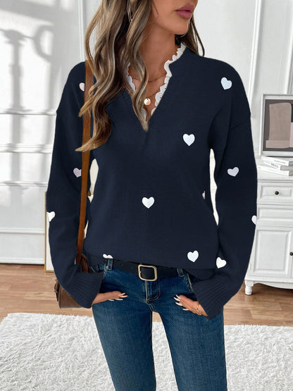 Lace Trim Heart Knit Sweater