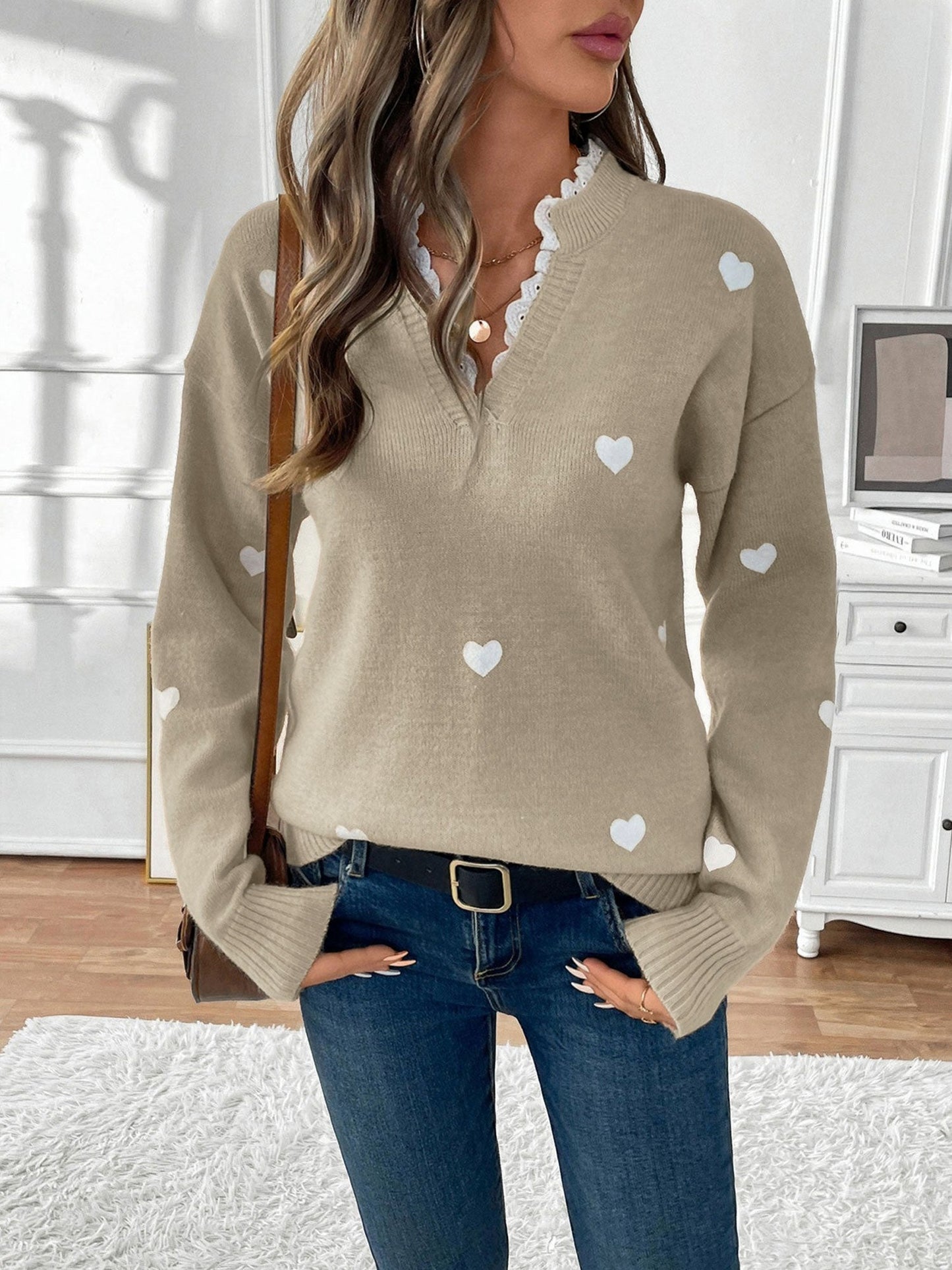 Lace Trim Heart Knit Sweater