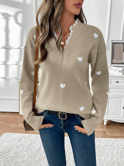 Lace Trim Heart Knit Sweater