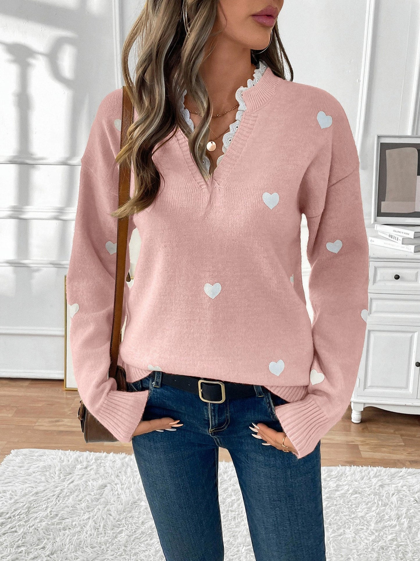 Lace Trim Heart Knit Sweater