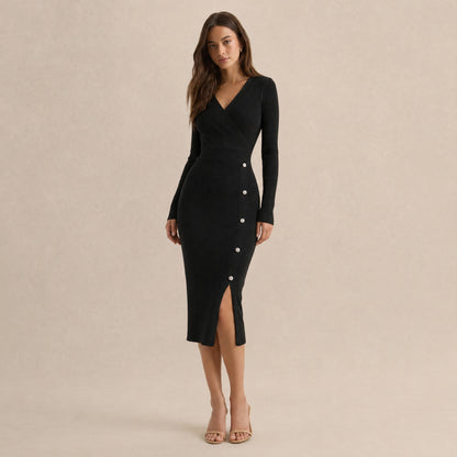 Long Sleeve Wrap Midi Dress