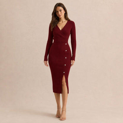 Long Sleeve Wrap Midi Dress