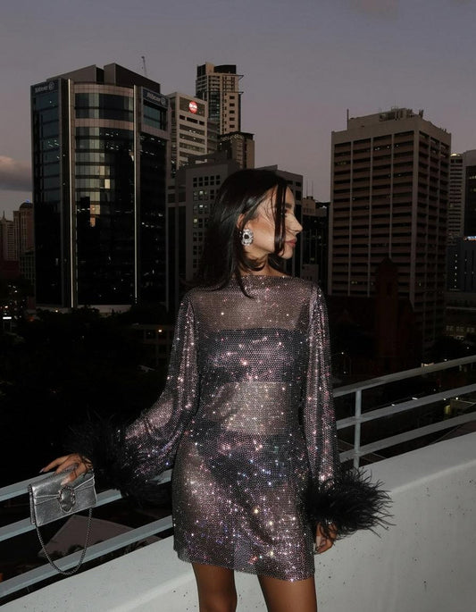 Mesh Sequin Long Sleeve Feather Cuff Mini Dress