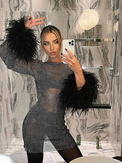 Mesh Sequin Long Sleeve Feather Cuff Mini Dress