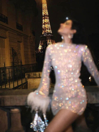 Mesh Sequin Long Sleeve Feather Cuff Mini Dress