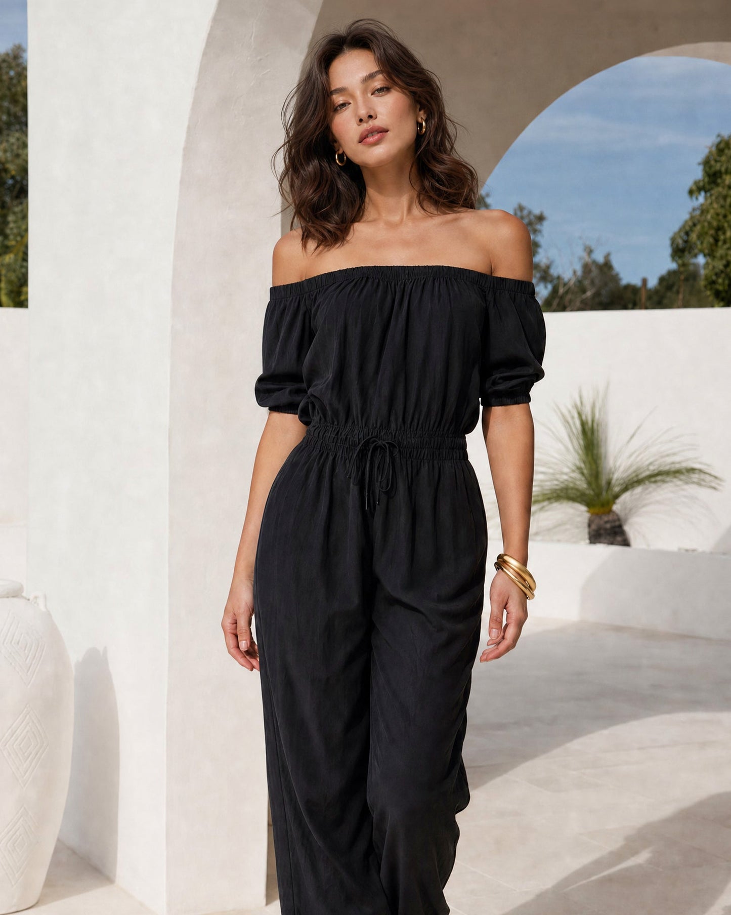 Off Shoulder Puff Sleeve Jumpsuit
