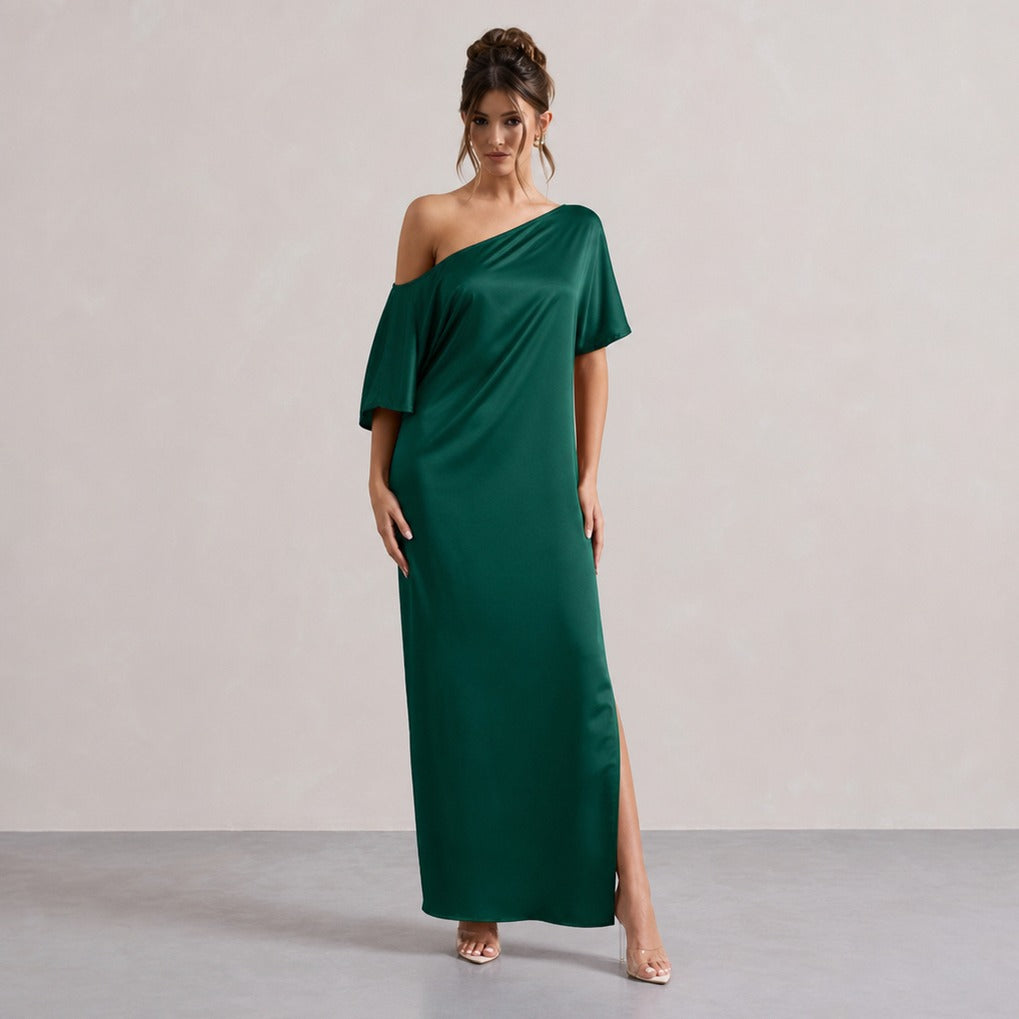 One Shoulder Satin Maxi Dress