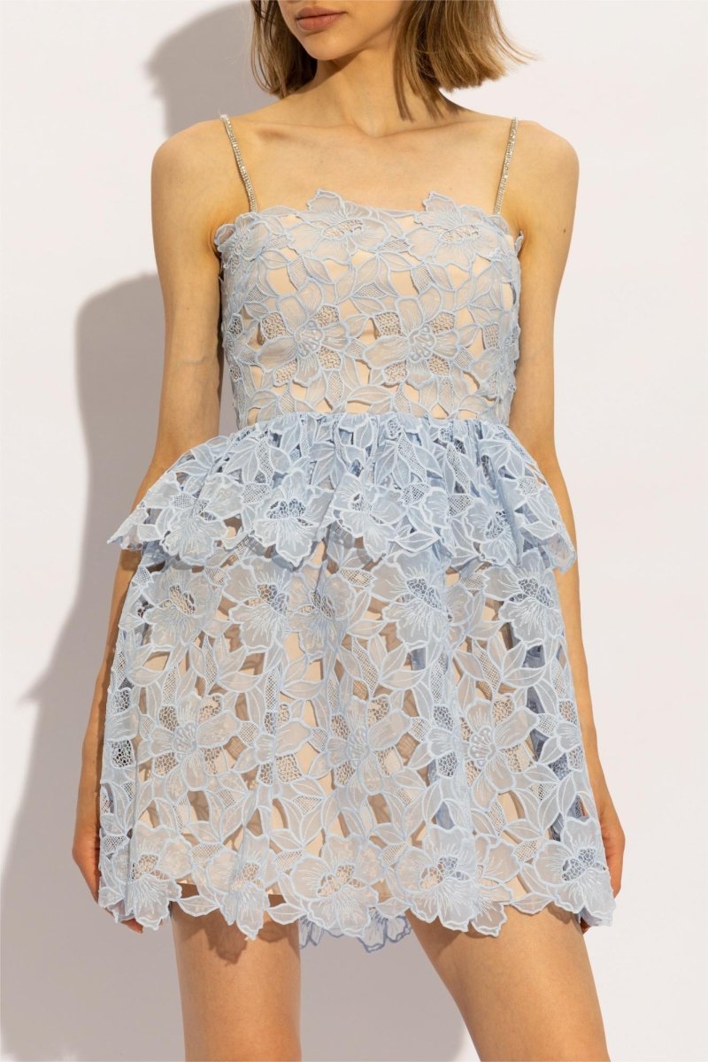 Blue - Women's light blue mini dress featuring intricate floral cutwork lace over a nude lining, embellished spaghetti straps, and a tiered fit-and-flare silhouette.