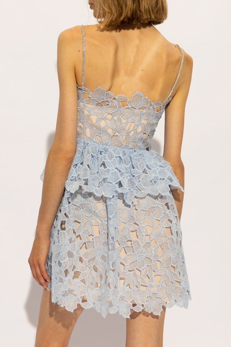 Blue - Women's light blue mini dress featuring intricate floral cutwork lace over a nude lining, embellished spaghetti straps, and a tiered fit-and-flare silhouette.