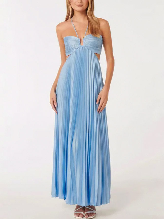 Pleated Halter Cutout Maxi Dress
