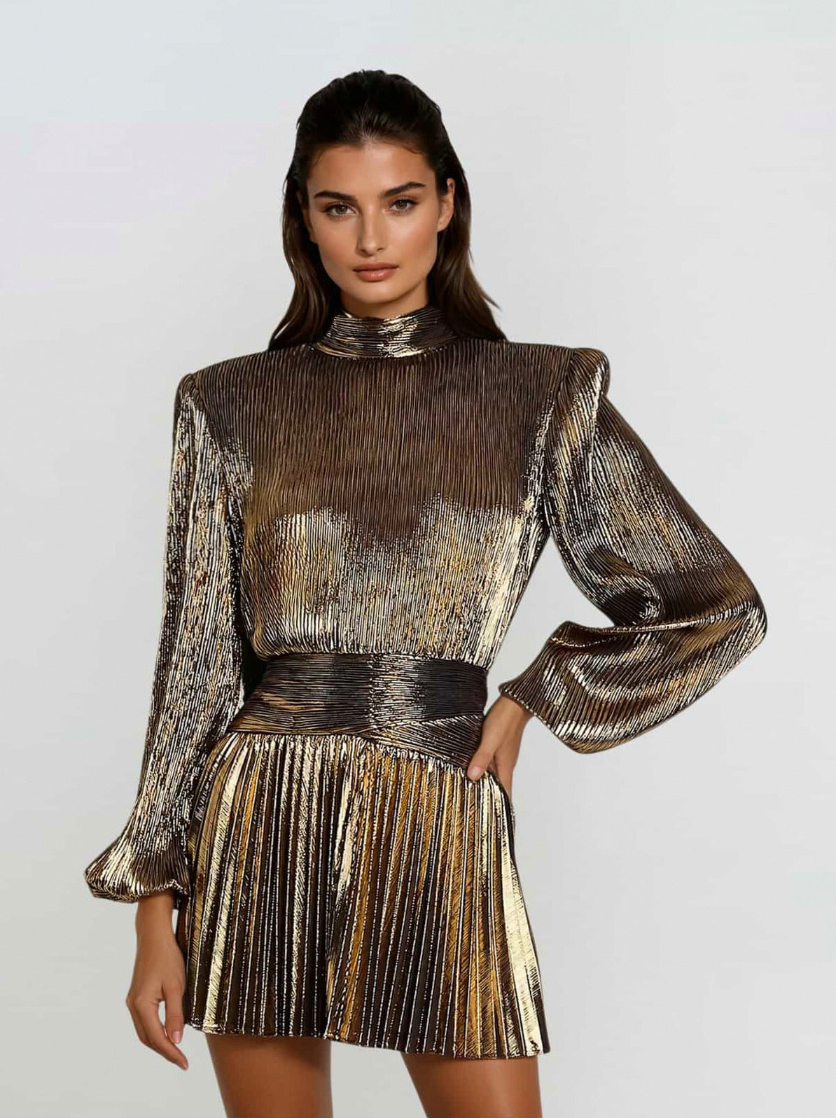 Long Sleeve Pleated Mock Neck Mini Dress