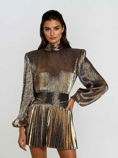 Long Sleeve Pleated Mock Neck Mini Dress