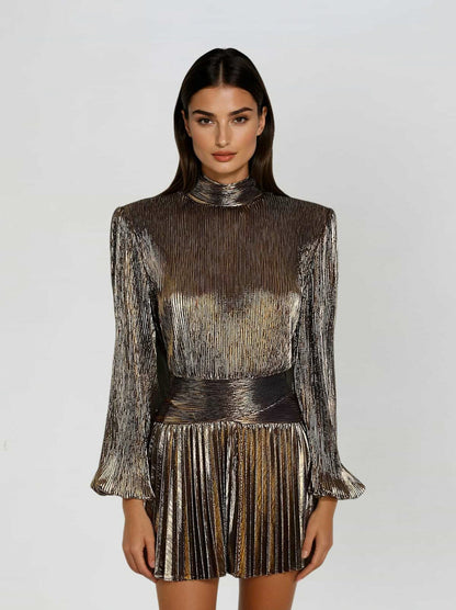 Long Sleeve Pleated Mock Neck Mini Dress