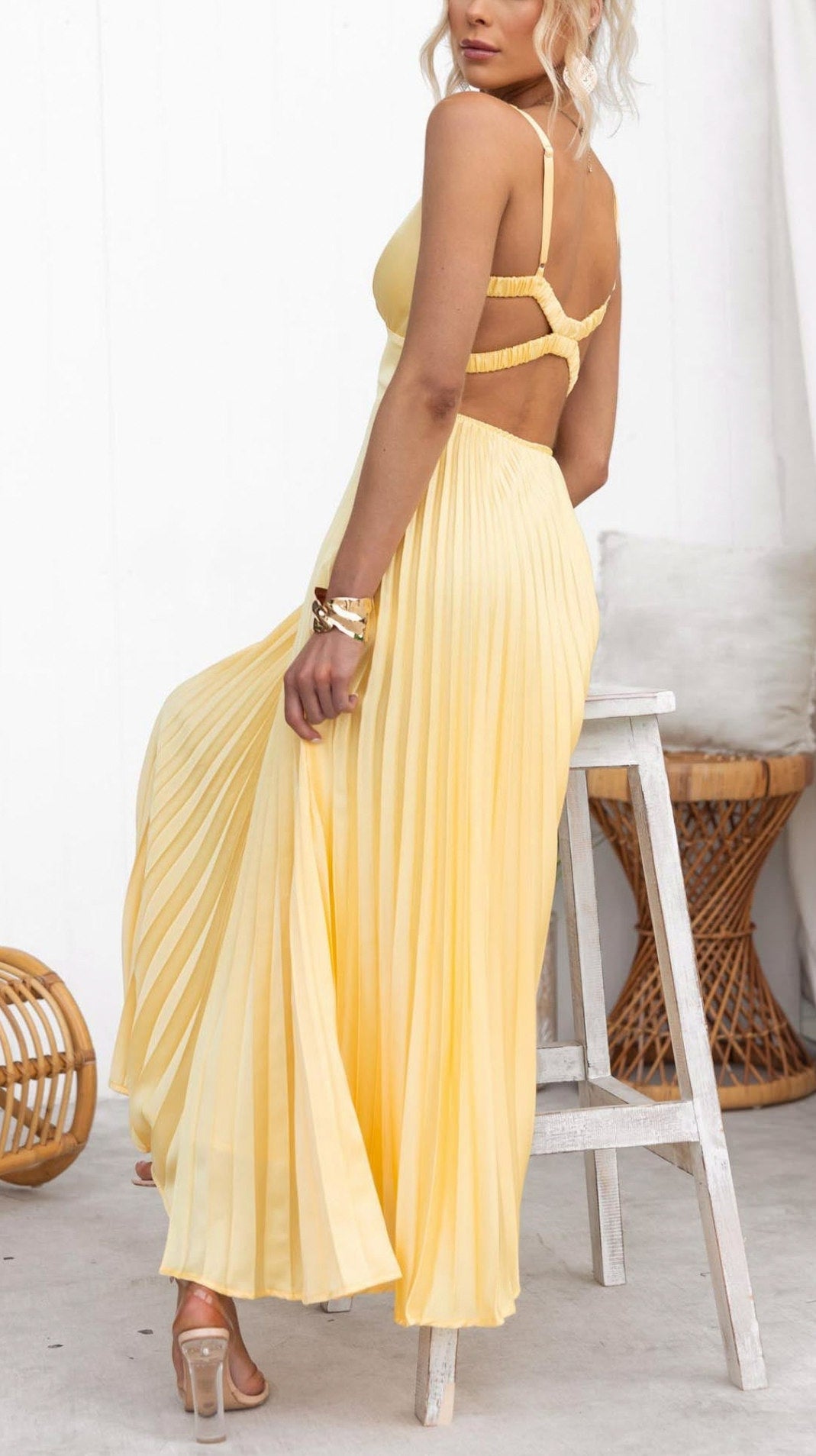 Pleated V-Neck Maxi Dress