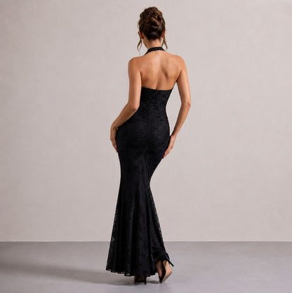 Plunge Halter Lace Maxi Dress