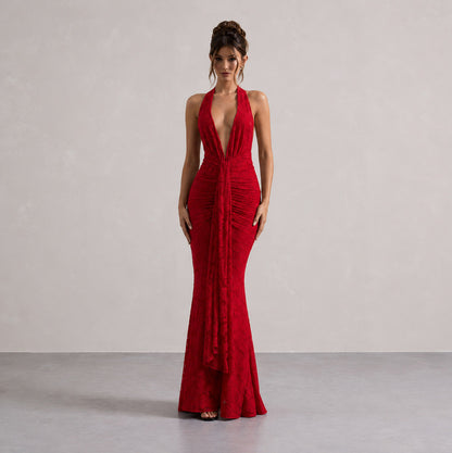 Plunge Halter Lace Maxi Dress