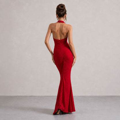 Plunge Halter Lace Maxi Dress