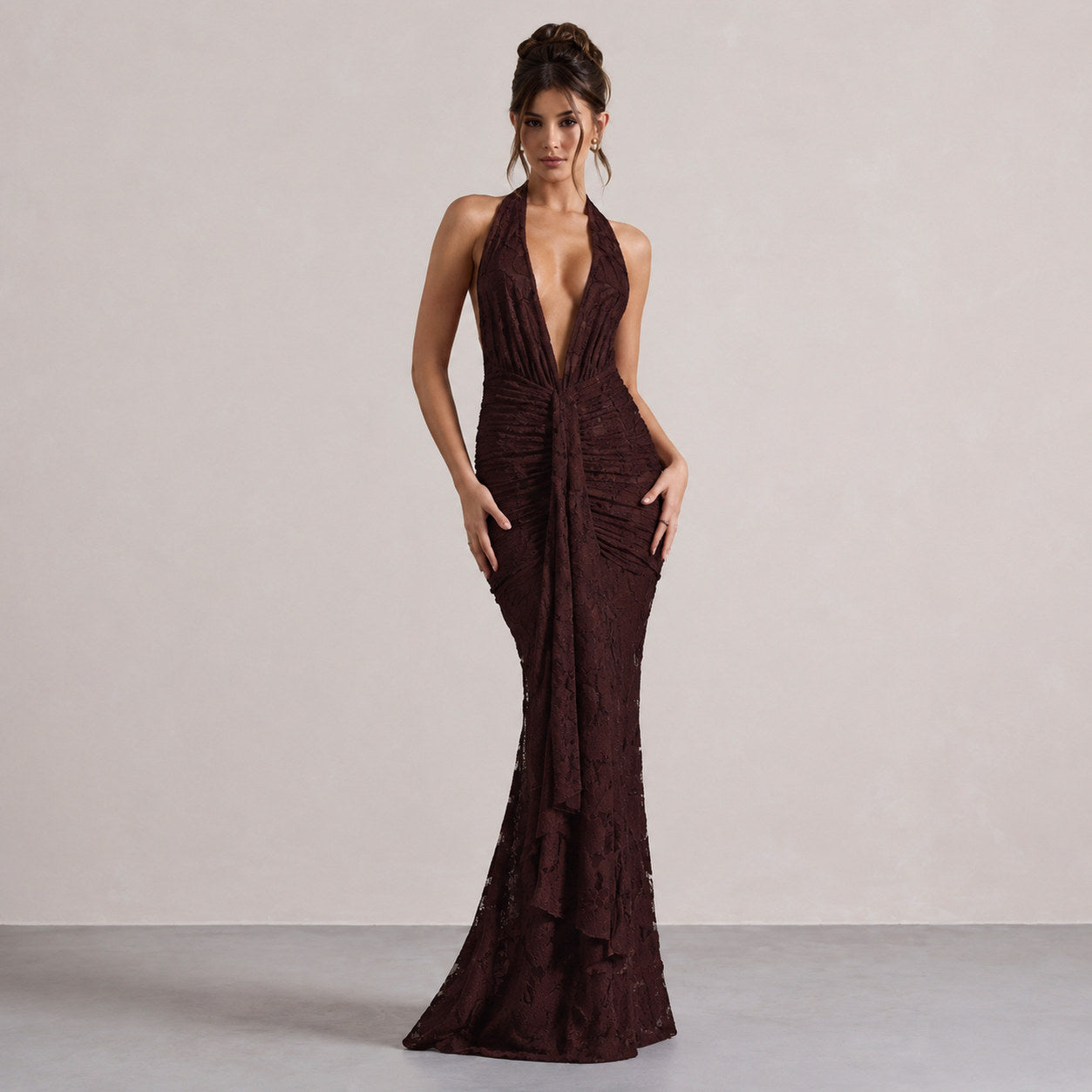 Plunge Halter Lace Maxi Dress
