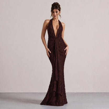 Plunge Halter Lace Maxi Dress