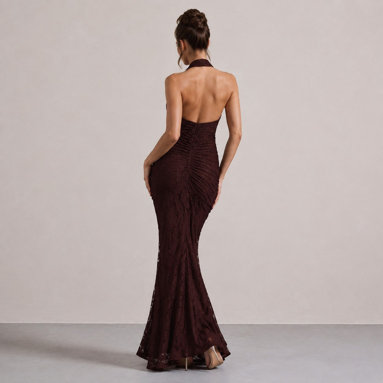 Plunge Halter Lace Maxi Dress