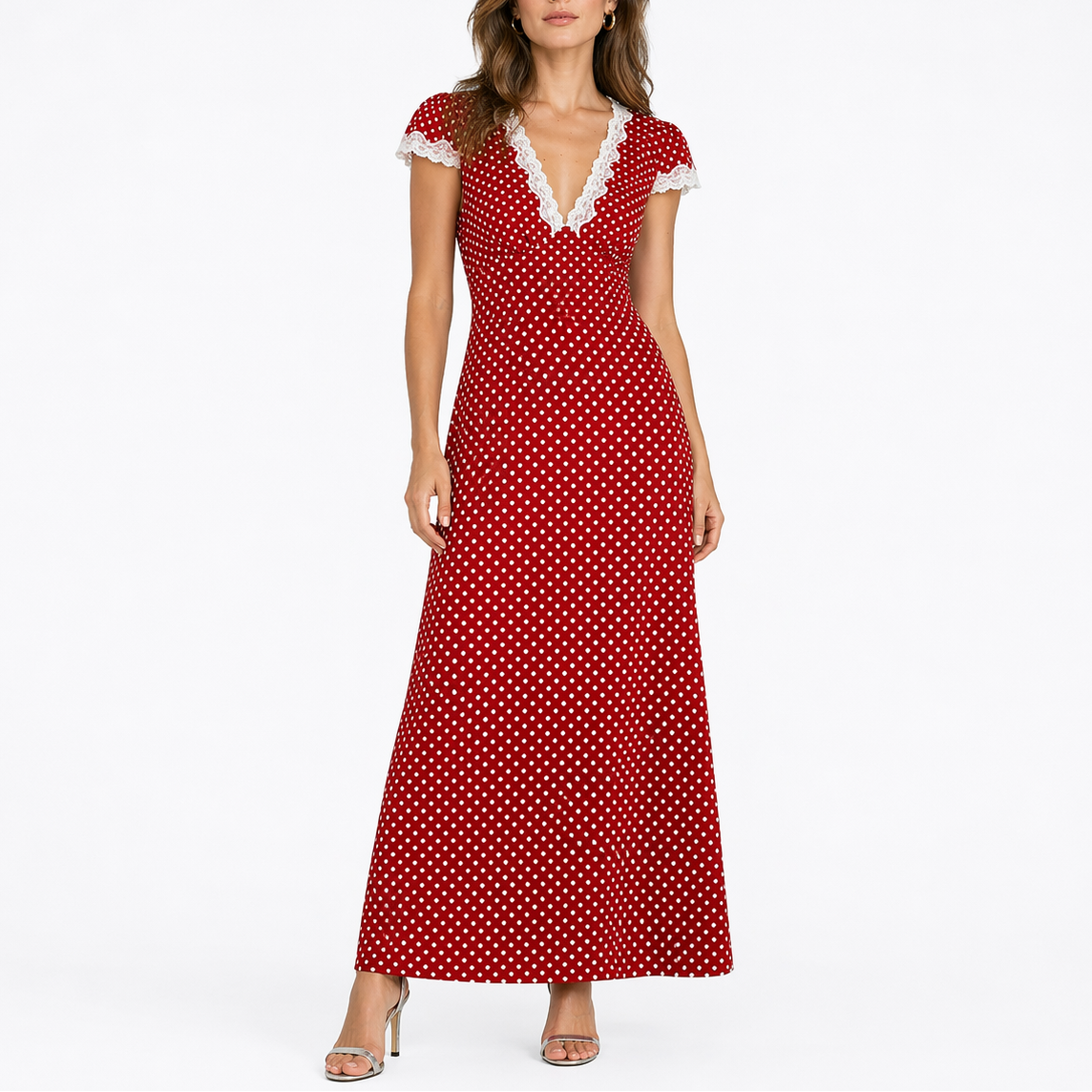 Red - Woman wearing a long polka-dot maxi dress with lace-trimmed short sleeves and a V-neckline