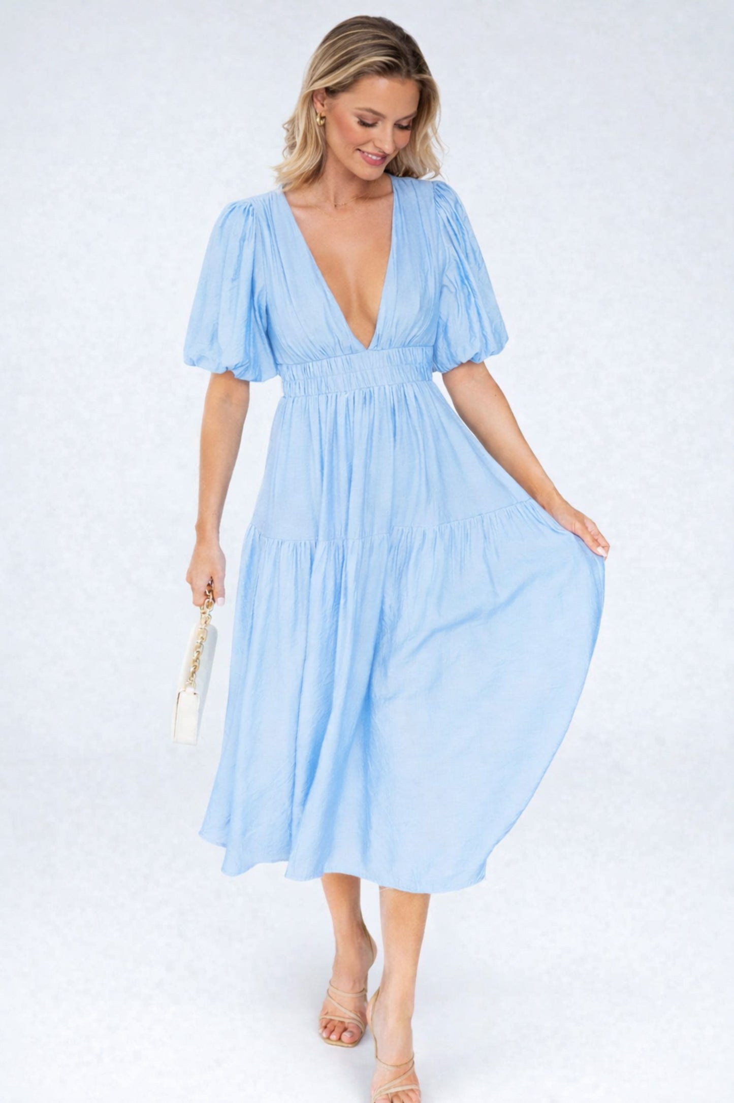 Puff Sleeve Tiered Midi Dress