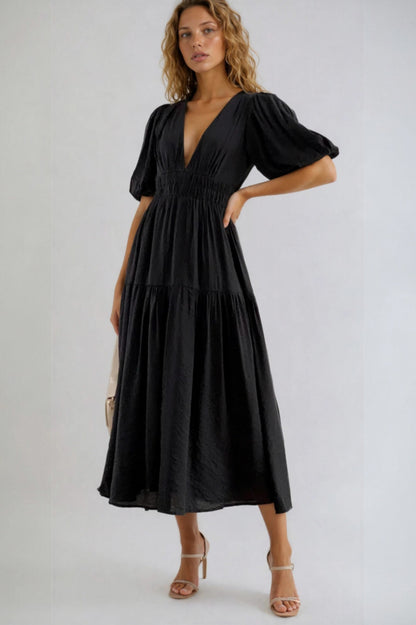 Puff Sleeve Tiered Midi Dress