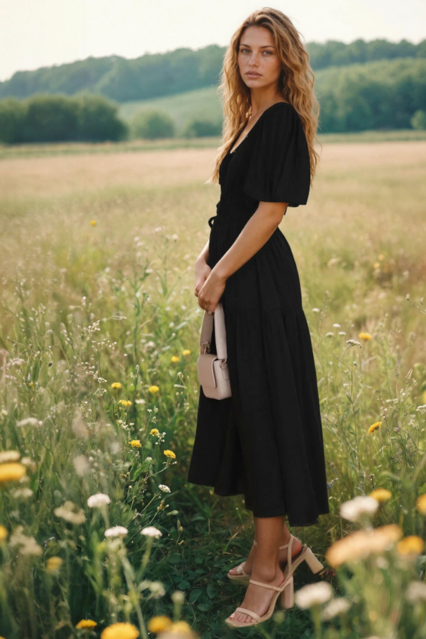 Puff Sleeve Tiered Midi Dress