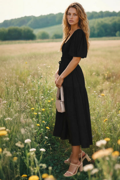 Puff Sleeve Tiered Midi Dress