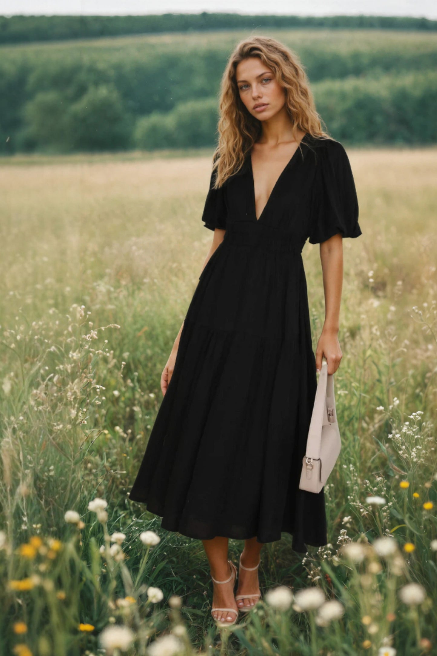 Puff Sleeve Tiered Midi Dress