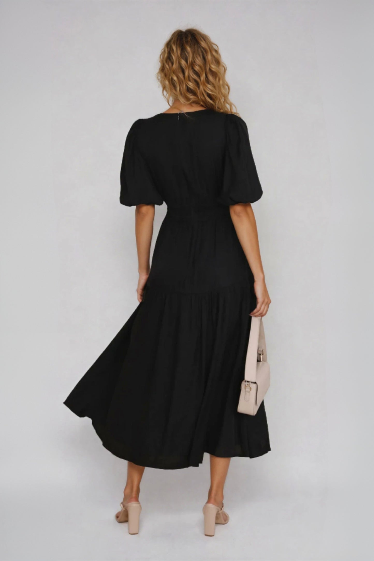 Puff Sleeve Tiered Midi Dress