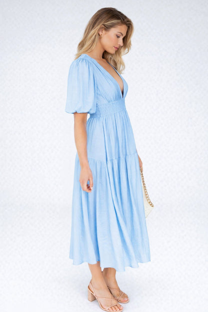 Puff Sleeve Tiered Midi Dress