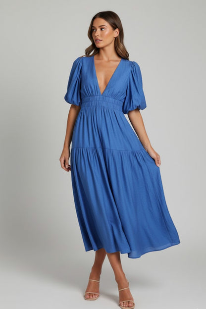 Puff Sleeve Tiered Midi Dress