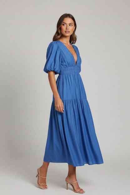 Puff Sleeve Tiered Midi Dress