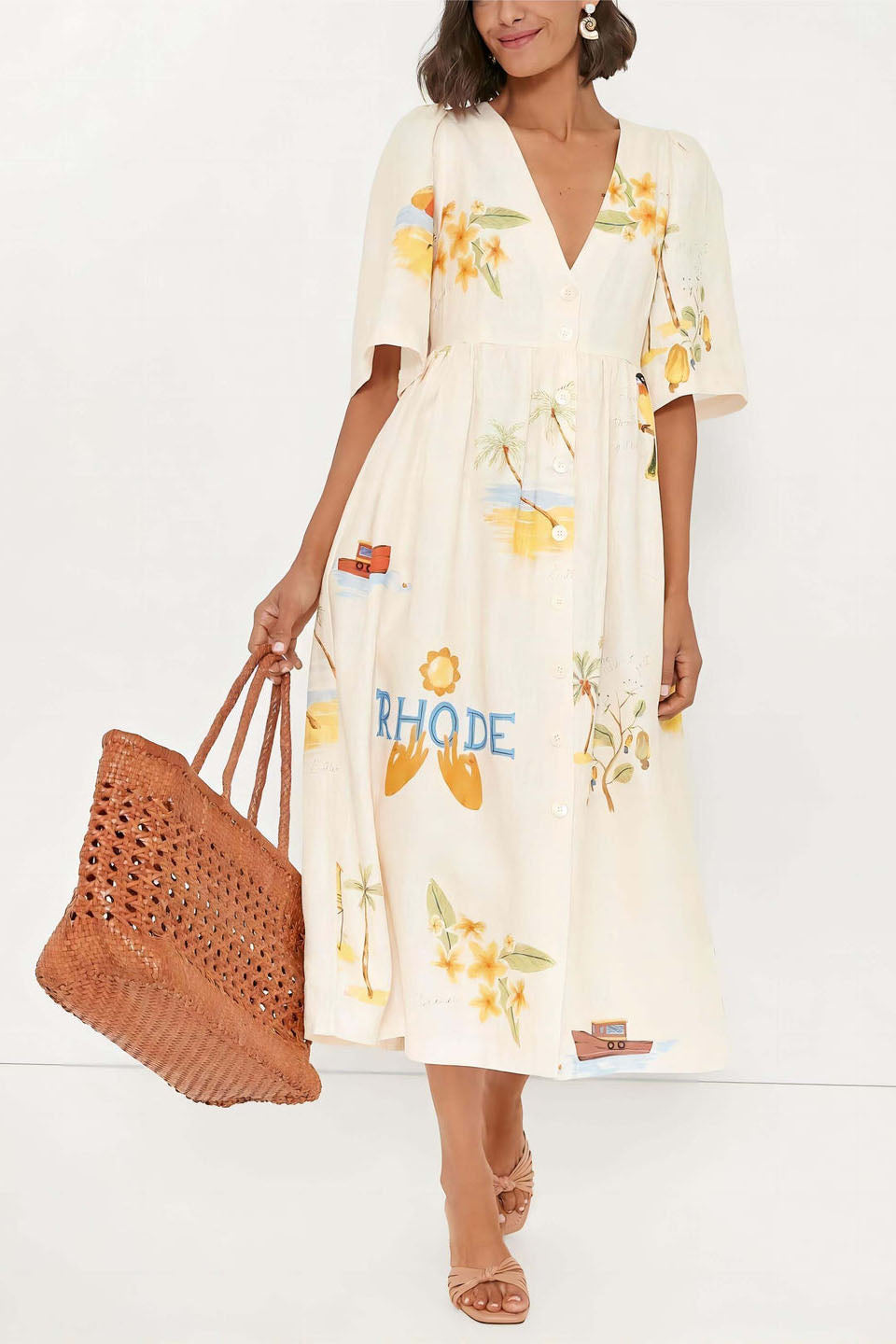 White - Women's cream midi dress featuring a colourful scenic tropical print, V-neckline, button-down front, and short flutter sleeves.