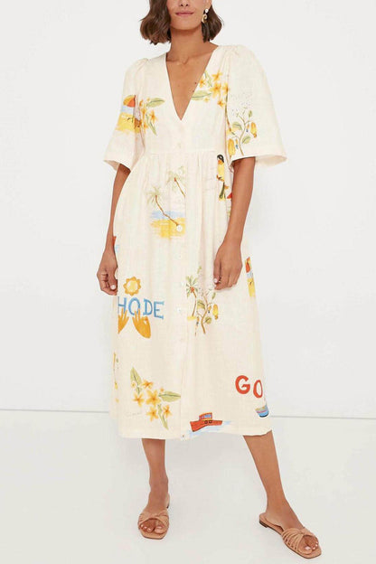 White - Women's cream midi dress featuring a colourful scenic tropical print, V-neckline, button-down front, and short flutter sleeves.