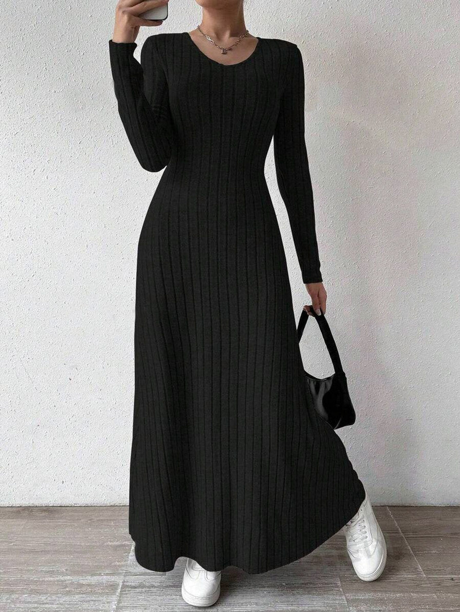 Ribbed Knit Long Sleeve Maxi Dress