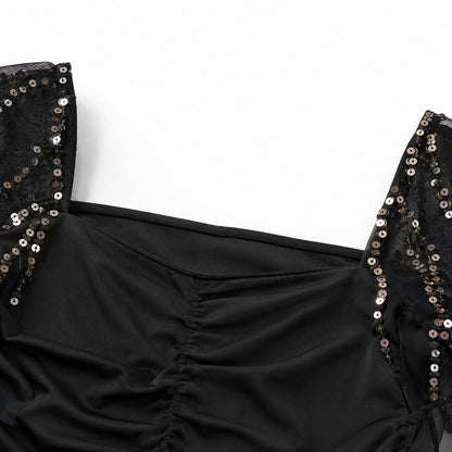 Cap Sleeve Ruched Sequin Inset Maxi Dress