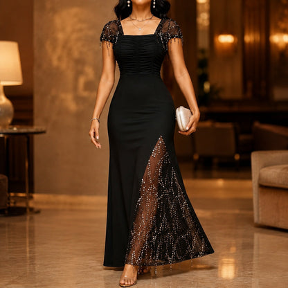 Cap Sleeve Ruched Sequin Inset Maxi Dress