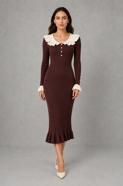 Ruffle Collar Knit Midi Dress
