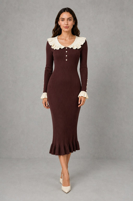 Ruffle Collar Knit Midi Dress