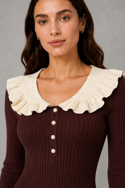 Ruffle Collar Knit Midi Dress
