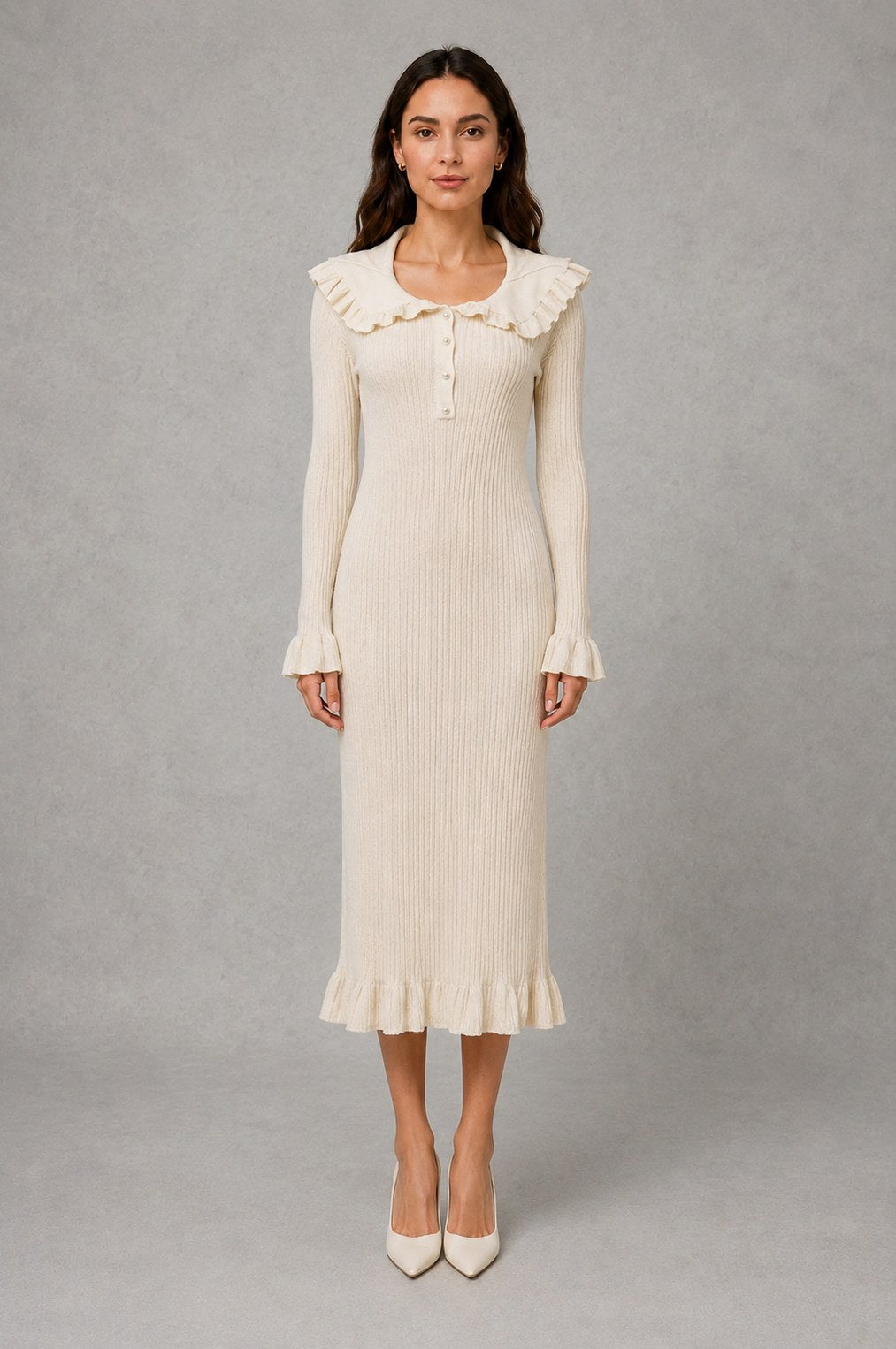 Ruffle Collar Knit Midi Dress