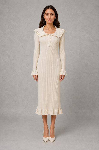 Ruffle Collar Knit Midi Dress