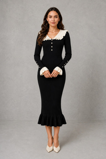 Ruffle Collar Knit Midi Dress