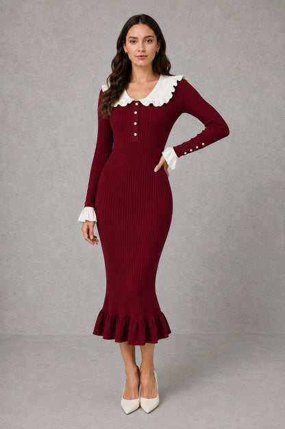 Ruffle Collar Knit Midi Dress
